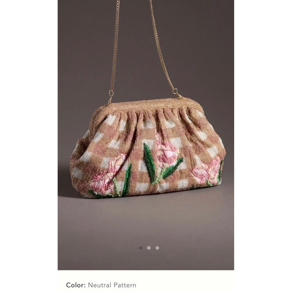 Anthropologie Beaded Wildflower Clutch Pink Gingham Floral Handbag gold chain